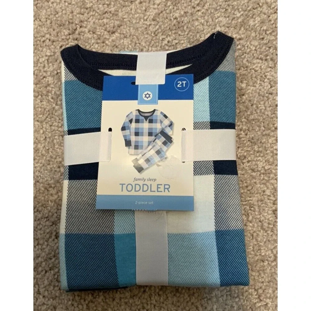 Family Sleep Toddler Boys 2 pc Hannukah Pajama Set Blue Plaid‎ Size 2T